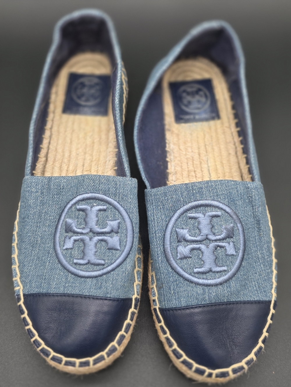 Tory Burch Benton Slip-On Platform Espadrilles in denim logo-embroidered Sz7 - Picture 3 of 7